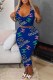 Blue Sexy Print Letter U Neck Sleeveless Two Pieces