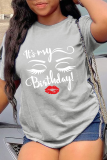 Grey Daily Vintage Print Patchwork O Neck T-Shirts