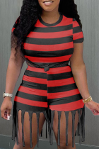 Red Sexy Striped Tassel O Neck Plus Size Two Pieces