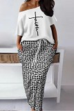 Black And White Casual Print Basic Oblique Collar Half Sleeve Two Pieces