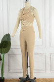 Khaki Sexy Street Solid Hollowed Out Make Old Patchwork O Neck Sleeveless Two Pieces
