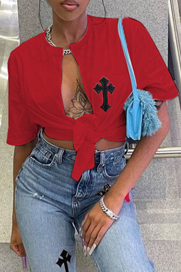 Red Fashion Print Embroidered V Neck T-Shirts