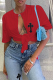 Red Fashion Print Embroidered V Neck T-Shirts