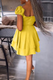 Yellow Sweet Solid Patchwork Frenulum Fold Square Collar A Line Dresses