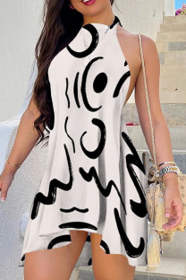 White Sweet Print Patchwork Backless Halter A Line Dresses
