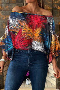 Dark Blue Red Casual Print Patchwork Off the Shoulder Tops