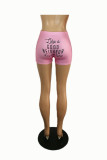 Pink Fashion Casual Letter Print Basic Skinny Mid Waist Shorts