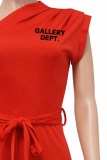 Red Casual Street Print Letter One Shoulder Jumpsuits