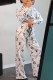 White Casual Print Letter Turndown Collar Long Sleeve Two Pieces