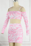 Pink Sexy Print Backless Off the Shoulder Long Sleeve Two Pieces