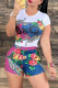 Blue White Casual Print Letter O Neck Short Sleeve Two Pieces