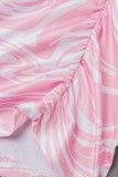 Pink Sexy Print Backless Off the Shoulder Long Sleeve Two Pieces