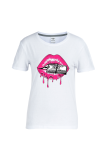 White Casual Vintage Lips Printed Patchwork O Neck Plus Size Tops
