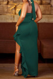 Green Sexy Solid Patchwork Flounce Asymmetrical V Neck Evening Dress Dresses