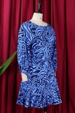 Blue Casual Print Patchwork O Neck Pleated Dresses