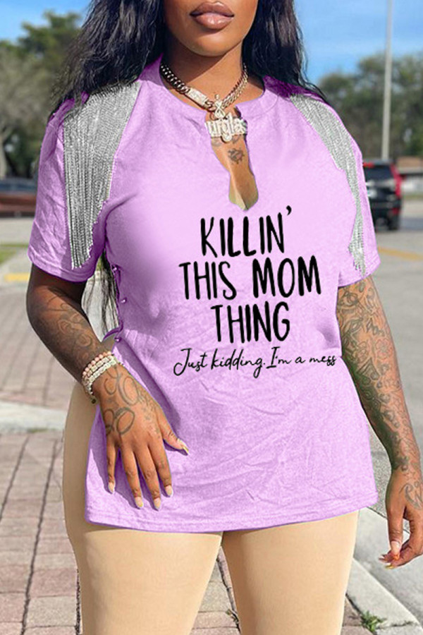 Light Pink Casual Print Tassel Patchwork V Neck T-Shirts