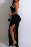 Colorful Blue Sexy Solid Patchwork Slit Hot Drill Strapless Long Dress Dresses