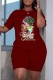 Burgundy Casual Print Basic O Neck Short Sleeve Two Pieces