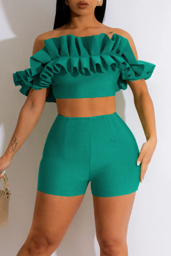 Green Sexy Solid Patchwork Fold Off the Shoulder Short Sleeve Two Pieces
