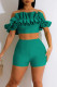 Green Sexy Solid Patchwork Fold Off the Shoulder Short Sleeve Two Pieces