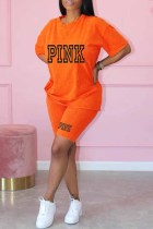 Orange Casual Print Letter O Neck Short Sleeve Two Pieces