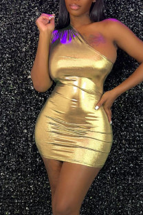 Gold Sexy Solid Patchwork Oblique Collar Pencil Skirt Dresses