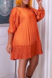 Orange Casual Solid Patchwork Fold O Neck Pleated Dresses
