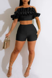 Pink Sexy Solid Patchwork Fold Off the Shoulder Short Sleeve Two Pieces
