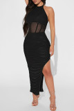 Pink Sexy Solid Patchwork Slit Fold Halter Pencil Skirt Dresses