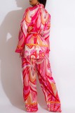Rose Red Casual Print Cardigan Vests Pants Turndown Collar Long Sleeve Three Piece Set