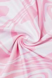 Pink Sexy Print Backless Off the Shoulder Long Sleeve Two Pieces