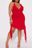Red Sexy Solid Patchwork Flounce Halter Irregular Dress Dresses