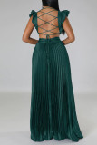 Pink Sexy Solid Patchwork Backless Fold V Neck Straight Dresses