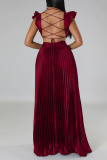 Pink Sexy Solid Patchwork Backless Fold V Neck Straight Dresses