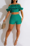 Pink Sexy Solid Patchwork Fold Off the Shoulder Short Sleeve Two Pieces