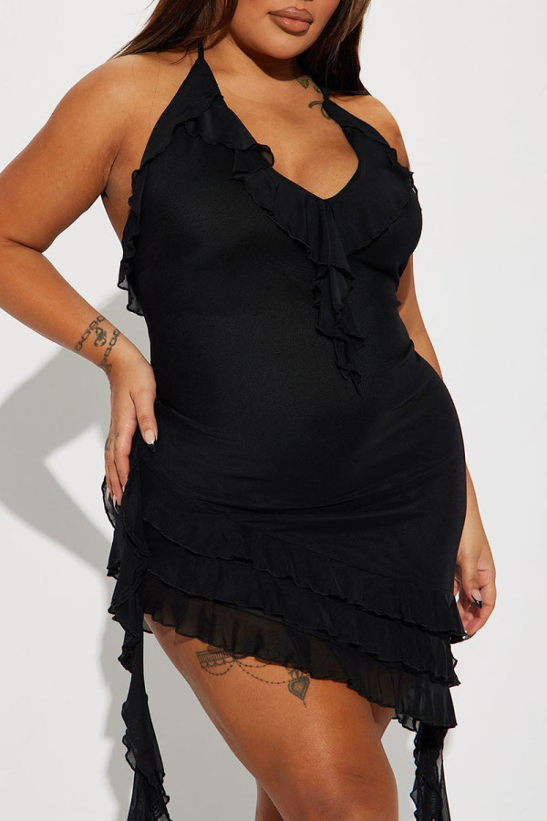 Black Sexy Solid Patchwork Flounce Halter Irregular Dress Dresses