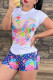 Blue White Casual Print Letter O Neck Short Sleeve Two Pieces