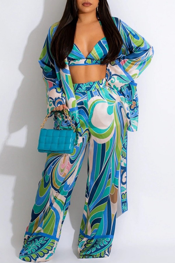 Blue Casual Print Cardigan Vests Pants Turndown Collar Long Sleeve Three Piece Set