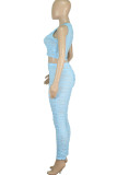 Light Blue Casual Solid Patchwork See-through O Neck Sleeveless Two Pieces