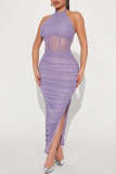 Pink Sexy Solid Patchwork Slit Fold Halter Pencil Skirt Dresses