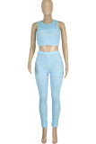 Light Blue Casual Solid Patchwork See-through O Neck Sleeveless Two Pieces