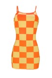 Orange Sexy Casual Plaid Print Backless Spaghetti Strap Sleeveless Dress Dresses