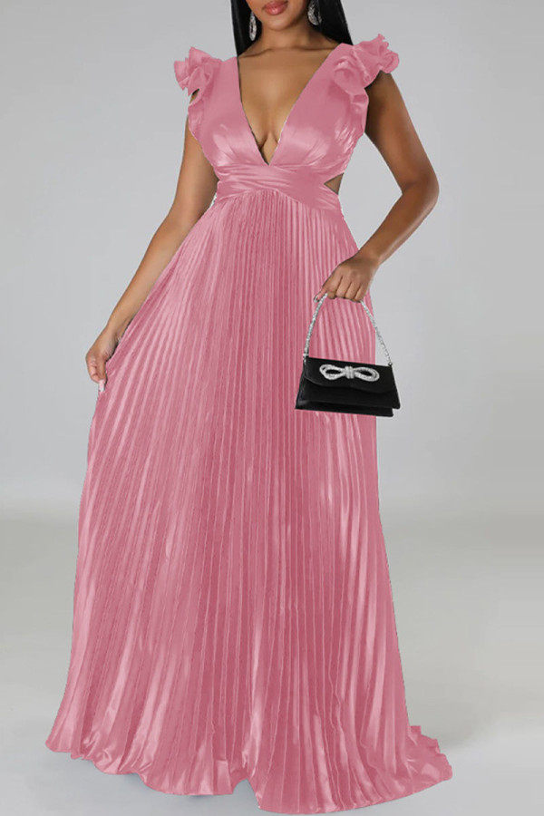 Pink Sexy Solid Patchwork Backless Fold V Neck Straight Dresses
