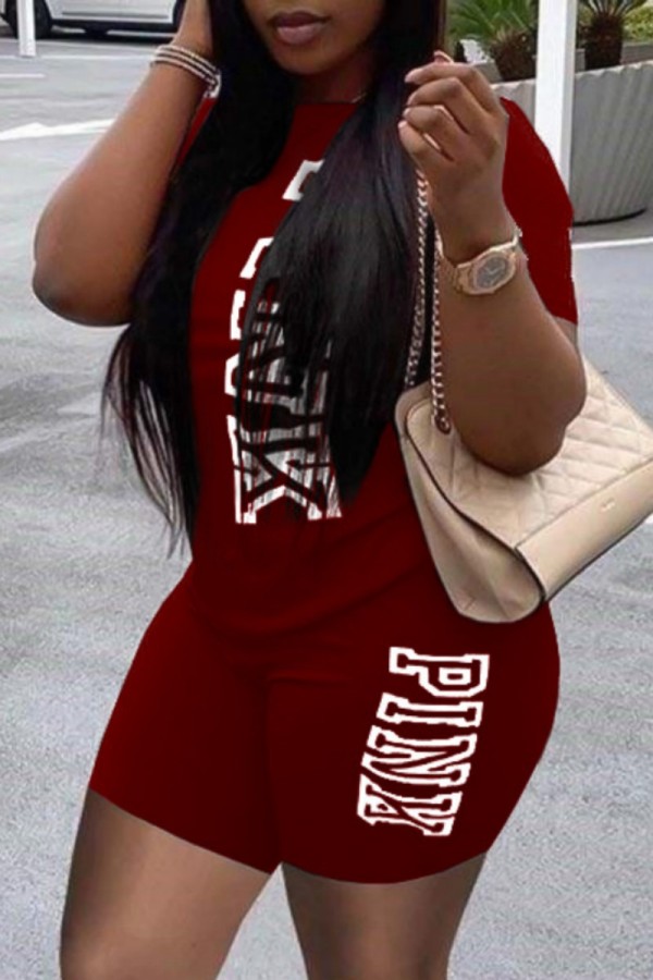 Burgundy Casual Letter Print Basic O Neck Short Sleeve Two Pieces