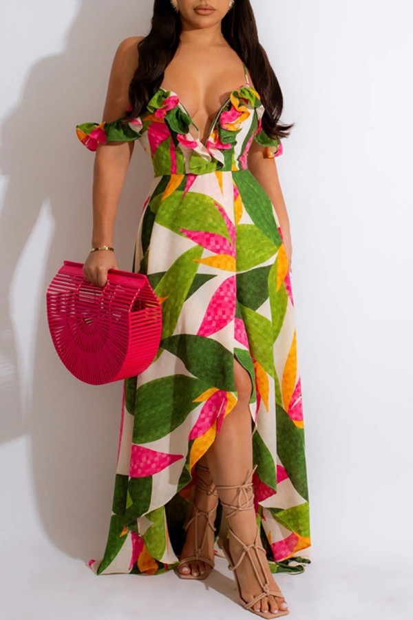 Green Sexy Casual Print Backless Asymmetrical V Neck One Step Skirt Dresses
