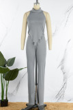 Grey Sexy Solid Patchwork Asymmetrical Turtleneck Sleeveless Two Pieces