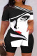 Black White Casual Print Patchwork Slit Oblique Collar Plus Size Two Pieces