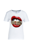 White Street Vintage Lips Printed Patchwork O Neck Plus Size Tops