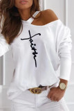 White Casual Print Patchwork O Neck Tops