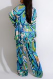 Rose Red Casual Print Cardigan Vests Pants Turndown Collar Long Sleeve Three Piece Set